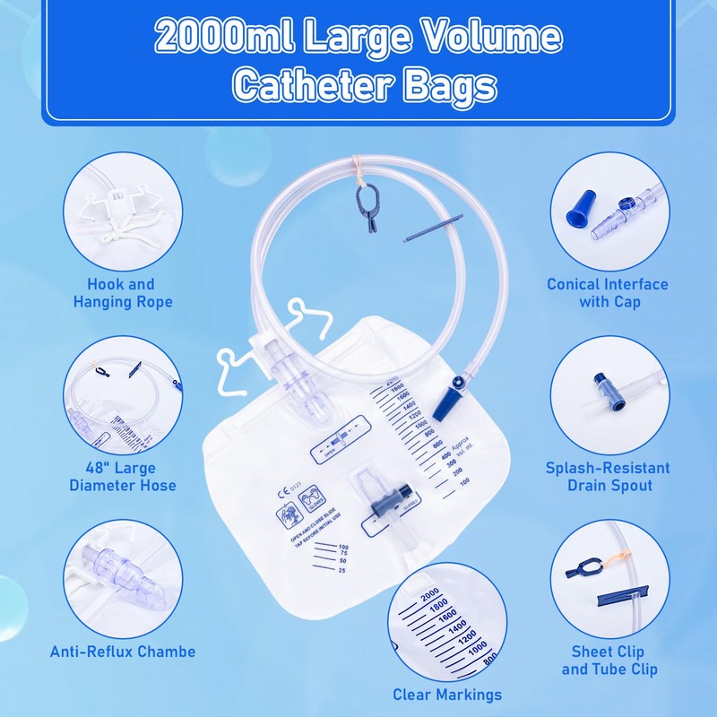DOKIBI Catheter Bags, 2000ml Urine Bags for Men, Urinary Drainage