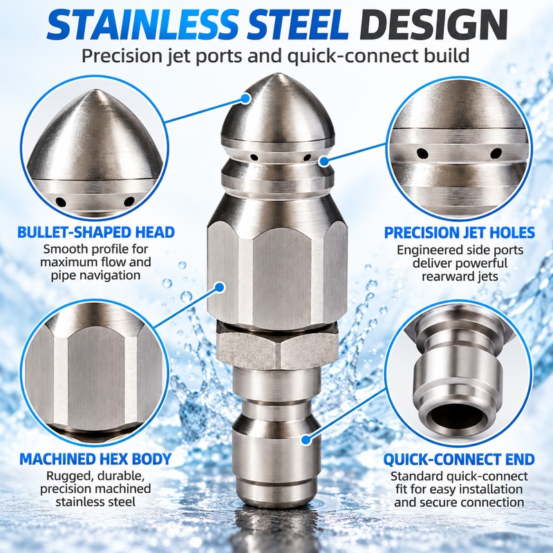 Sewer Jetter Nozzle for Pressure Washer Use – 1/4" Stainless