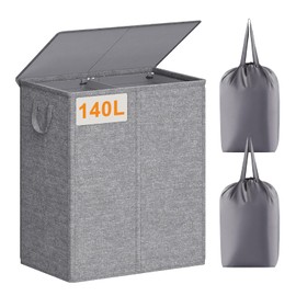 Chrislley 140L Laundry Hamper 2 Section, Double Laundry Basket with Lid, Large Dirty Clothes Hamper with Removable Liner Bags, Collapsible Laundry Organizer for Bedroom, Dorm,Grey