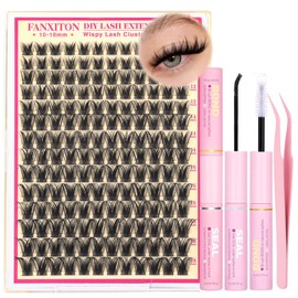 FANXITON Lash Clusters Kit Wispy Clusters Eyelash Extensions Natural Lash Extension Kit 168 Pcs 10-18mm Individual Lashes Thin Band Cluster Lashes with Waterproof Lash Bond and Seal Tweezers
