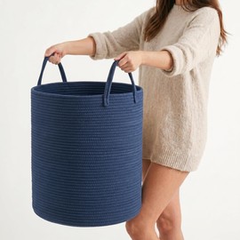 Large Cotton Rope Laundry Basket 80L, Navy Blue Woven Storage Basket with Handles, Decorative Clothes Hamper for Bedroom Living Room, Tall Blanket Basket for Towels Pillows, Modern Organization