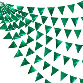 32 Feet Green Fabric Triangle Banner Flag Double Sided Metallic Holographic Bunting Garland for Birthday Wedding Baby Shower Bachelor Party Graduation Game Christmas Party Decorations