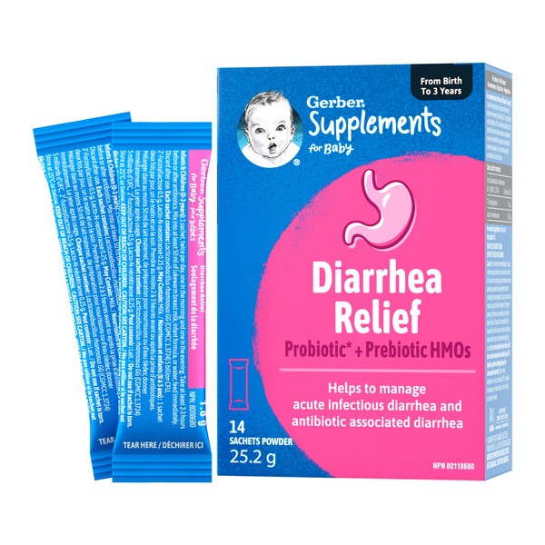 Gerber Supplements for Baby Diarrhea Relief, 0-3 Yrs, Baby Diarrhea Relief, Acute Infectious Diarrhea & Antibiotic-associated Diarrhea, Probiotic & Prebiotic HMOs, Gluten-Free, Sachets