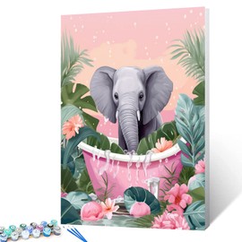 Tucocoo Bathtub Jungle Animal Paint by Bumbers for Adults Beginner Bathroom Elephant DIY Paint by Numbers Acrylic Paint Canvas Pink Leaves Bedroom Decor Painting Kits Pink Art 20x16 Inch （DIY Frame ）