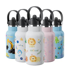 Exllena 350ml Kids Water Bottles Made of 304 Stainless Steel BPA Free - 100% Leakproof - Childrens Water Bottle with Straw and Handle Lid - Easy to Use for Girls Boys - Zoo