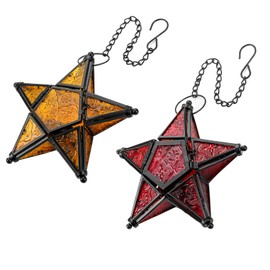 Glass Star Lantern Hanging Ornaments - Tea Light Lantern Window Hangings Patio Balcony Living Room Decoration Vintage, Orange + Red