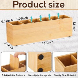 Jetec Wooden Pencil Pen Holder for Desk 6 Compartments Wood Office Desk Organizers for Countertop Adjustable Makeup Brush Organizer Silverware Caddy for Party, Home, Art Supplies(Bamboo)