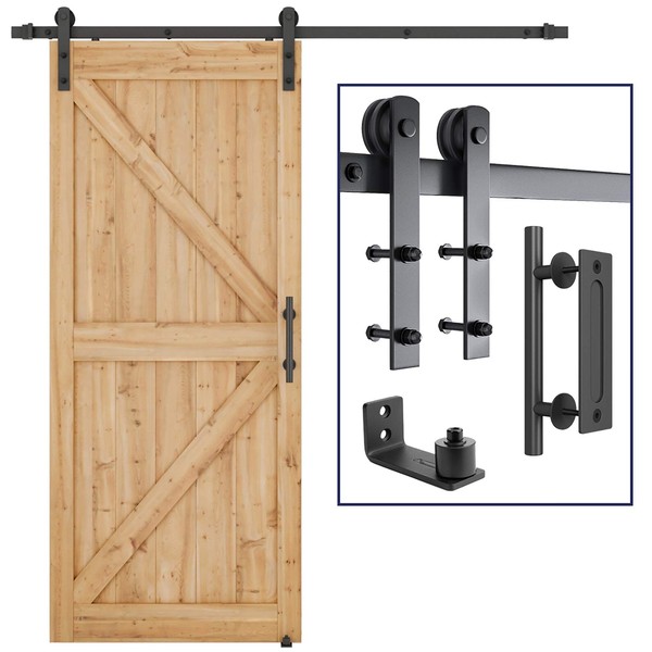 SMARTSTANDARD 6.6 FT Heavy Duty Sturdy Sliding Barn Door Hardware Kit, Black, (Whole Set Includes 1x Pull Handle Set & 1x Floor Guide) Fit 36"-40" Wide Door Panel (I Shape Hanger)