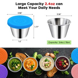 6Pack 2.4oz Salad Dressing Container To Go, Small Stainless Steel Condiment Containers with Silicone Lids, Leakproof Reusable Dipping Sauce Cups for Lunch Box