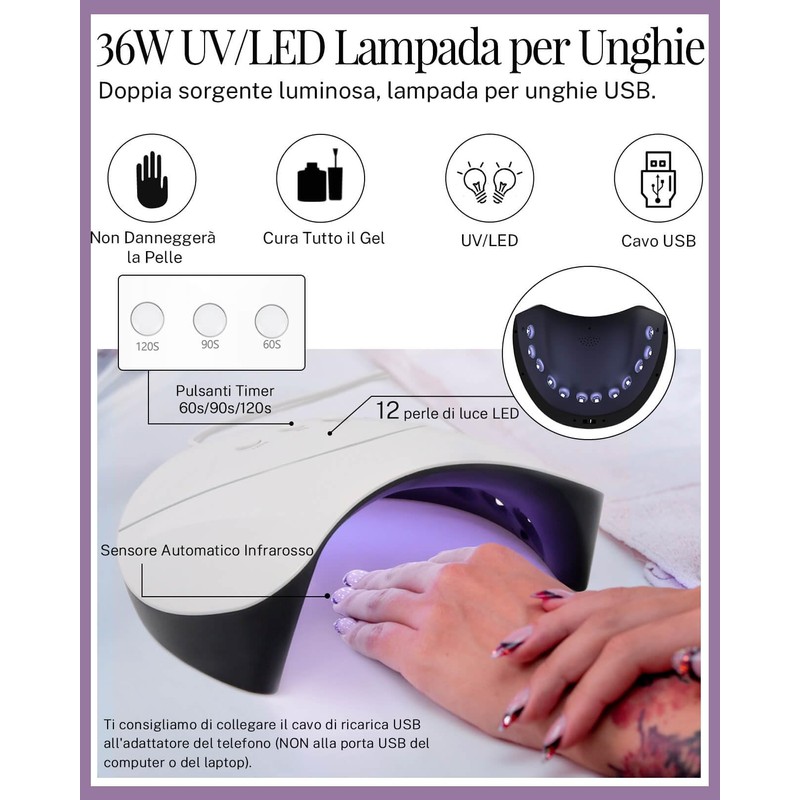 PHOENIXY Kit Unghie Gel Completo, 12 Colori, Lampada UV/LED 36W,