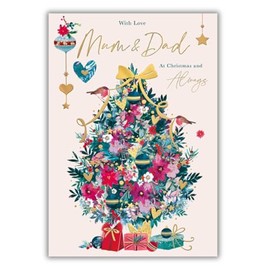 Words 'n' Wishes Mum & Dad Christmas Tree, Presents And 2 Robins Christmas Card, Multi Coloured, 23.5 x 16.5 cms