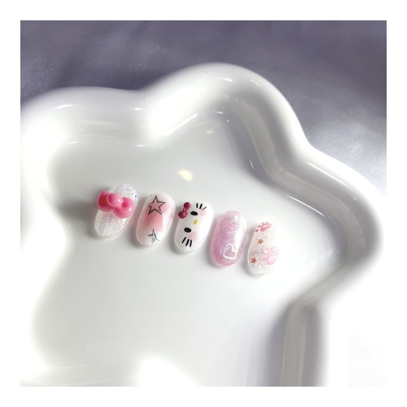 [Premium handmade embossed nail] Cutie Pink Cat - Almond Egg