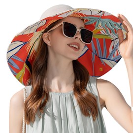 Reversible Floral Wide Brim Sun Hats for Women Packable UV Protection Hat Large Wired Edge Summer Beach Bucket Hat Beige
