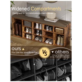 DINZI LVJ Shoe Storage Bench with Cushion, 15-Cubby Rack, Adjustable Shelves, Long Organizer Bench for Entryway, Mudroom, Hallway, Living Room, Bedroom and Garage, Rustic Brown