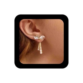 IRCOMULTI Boho Pearl Crystal Bow Earrings Gold Rhienstone Bow Stud Earrings Bow Ear Jacket Earrings Cz Bowknot Dangle Drop Earrings Jewelry for Women