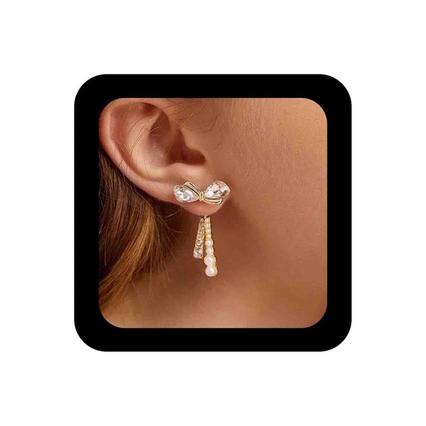 IRCOMULTI Boho Pearl Crystal Bow Earrings Gold Rhienstone Bow Stud