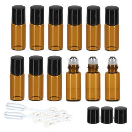 ZEJIA 3ml Roller Bottles 12Pack Amber Thick Glass Essential Oil Bottles with Stainless Steel Roller Ball and 2 Droppers