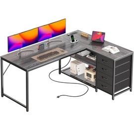 PRAISUN 53" L Shaped Desk with Power Outlets and USB-C Port, Reversible Computer Corner Office Desk with 4 Fabric Drawers and 2 Height-Adjustable Shelves, Large for Gaming Writing Work Study, Grey
