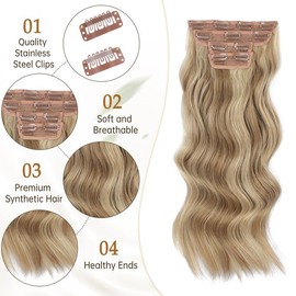 Vigorous Clip in Hair Extensions 4PCS Blonde mix Bleach Blonde Long Wavy Hairpieces 20Inch Hair Extensions Clip Ins Soft Synthetic Hairpieces for Women