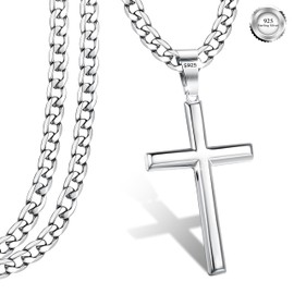 YADOCA 925 Sterling Silver Cross Pendant Necklace for Men Women with 5mm Stainless Steel Diamond-Cut Cuban Chain Mens Cross Necklace Crucifix Necklace (with Gift Box) 51cm