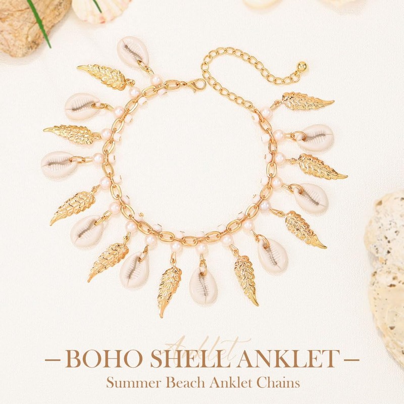 Zoestar Boho Shell Anklets Gold Leaf Ankle Bracelets Pearl Beach