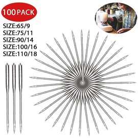 100Pcs Sewing Machine Needles, Universal Heavy Duty 5 Sizes 65/9 75/11 90/14 100/16 110/18 Flat Shank Sewing Needles for Most Sewing Machine