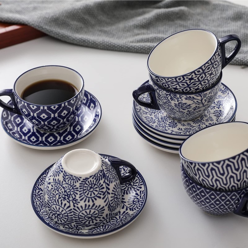 Selamica Ceramic 8 oz Cappuccino Cup Set with Saucers, Espresso
