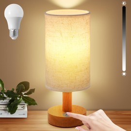 Cordless Table Lamp, 2200mAh Battery Operated Desk Lamp, Touch Bedside Lamps for Night Stands, Warm Light Mini Boho Lamp, Wood Base Round Flaxen Fabric Shade for Living Room,LED Bulb Included (‎Beige)