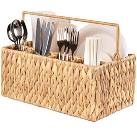 DAI VU CRAFTS Hand-Woven Large Wicker Utensil Caddy, Outdoor Silverware Caddy for Party, Cutlery Holder, Utensil Holder for Party, Napkin and Utensil Holder with Handle