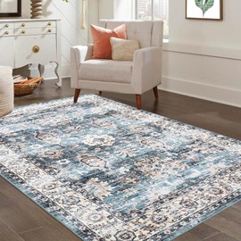 GarveeHome 9x12 Living Room Area Rug - Traditional Accent, Indoor Throw, Non Slip, Washable, Vintage Distressed, Blue