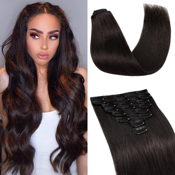 S-noilite Hair Extensions Real Hair 8 Pieces 18 Clips Remy Human Hair Extensions Straight Human Hair Extensions Natural Clip in Hair Extensions (20cm-45g, 1B Natural