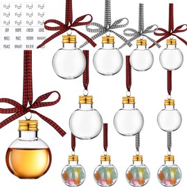 12 Pcs Christmas Booze Balls Christmas Fillable Booze Tree Ornaments with Buffalo Plaid Ribbon Stickers Clear Plastic Xmas Booze Pendant Ball for Xmas Party (Booze Ball, 50ml, 100ml, 150ml)