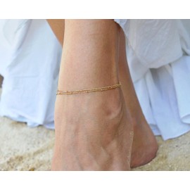Pencros Dainty Layered Anklet,14K Gold Filled Cute Beads Satellite Chain Heart Boho Adjustable Anklets for Women (bead-gold)