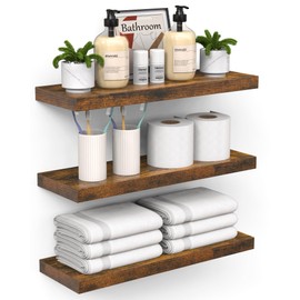 BAYKA Floating Shelves for Wall – Bathroom Shelves Rustic Wood with Metal Brackets for Bathroom, Bedroom, Kitchen, or Living Room Decor – Rustic Brown, Set of 3, Sturdy Storage with 22lb Capacity