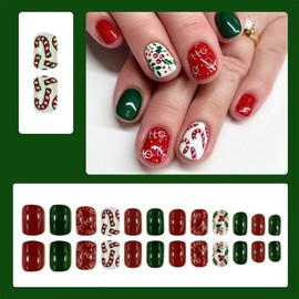 LBPEPAMZ Christmas Press on Nails Short Square Fake Nails Xmas Crutch Snowman Acrylic Nails False Nails Red Green Full Cover Glossy Stick on Nails Reusable Artificial Glue on Nails for Women 24Pcs