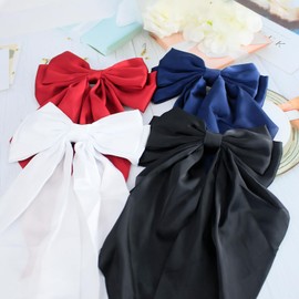 4 Pieces Silky Satin Hair Bows Claw Clips Long Tail Hair Accessories Ribbon Hair Barrettes Metal Clips Barrette Satin Bows Hairpin for Women Girls (Red, Black, Blue, White)