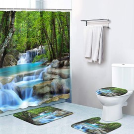 Britimes 4 Piece Shower Curtain Sets, Scenery Waterfall with Non-Slip Rugs, Toilet Lid Cover and Bath Mat, for Bathroom Decor Set, 72" x 72"