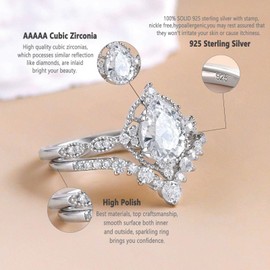 Newshe Jewellery Wedding Rings for Women Engagement Ring Sets AAAAA Cz 925 Sterling Silver 1.7Ct Pear Teardrop Size 4-13 (Pear with V Shaped Band, 10)
