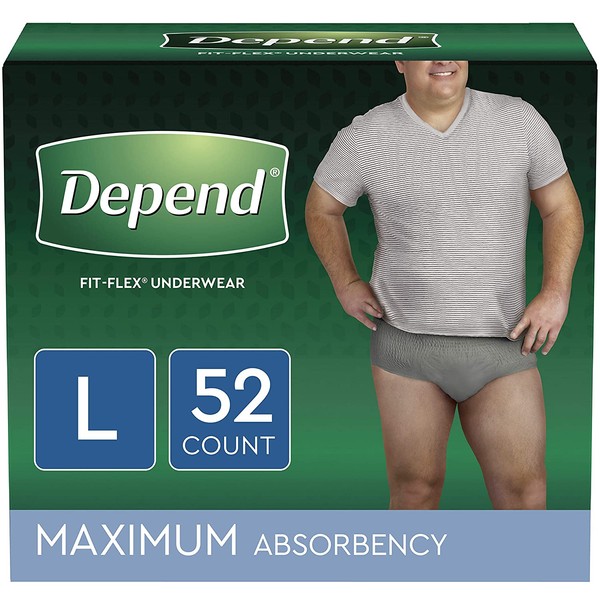 Depend FIT-FLEX Incontinence Underwear for Men, Maximum Absorbency, Disposable, L, Grey, 52 Count (2 Packs of 26) (Packaging May Vary)