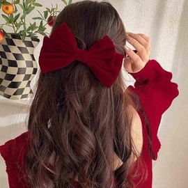Jugielu French Large Bow Hair Clips Red Velvet Bow Hair Barrette Satin Bow Knot Hairclips Big Velvet Hair Bow Decorative Hair Accessories Jewelry for Women Headdress(Red3)