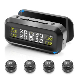 Upgraded Tire Pressure Monitoring System, Solar Power TPMS Tire Pressure Monitor with 4 External Sensors, Detached Bracket, Installed on Windowshield, Real-Time Display, 5-87PSI for Car RV SUV MPV