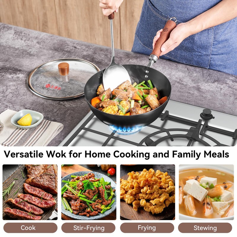 WANGYUANJI 10.24" (26 cm) Iron Wok with Glass Lid —