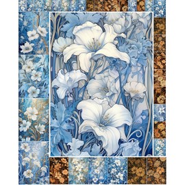 Decoupage Paper Pack (35 Sheets 6"x8") Beautiful Blue and Orange Illustrations of Pretty Fowers FLONZ Vintage Illustration Pictures Cards for Decoupage, Craft and Scrapbooking