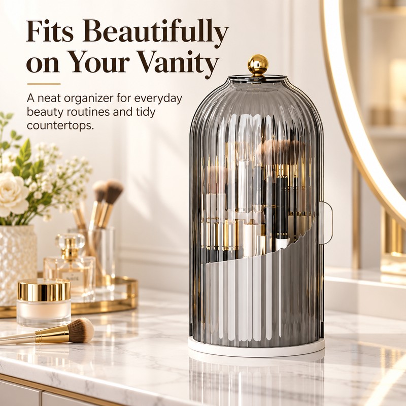 360° Rotating Makeup Brush Holder with Lid – Dust-Protected Cosmetic