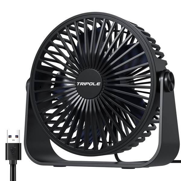 TriPole USB Desk Fan, 3 Speed Table Fan, 360° Adjustable Silent Fan, Portable Fan for Office, Home, Bedroom, Car, Outdoor Camping - Black