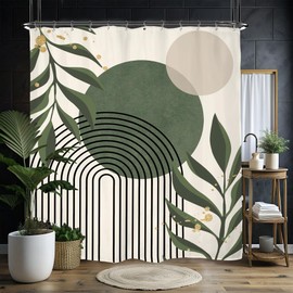 Miyotaa Green Abstract Shower Curtain Set 60Wx71H Inches Neutral Leaves Geometric Minimalist Aesthetic Plant Mid Century Modern Vintage Polyester Waterproof Bathroom Curtain with 12 Hooks
