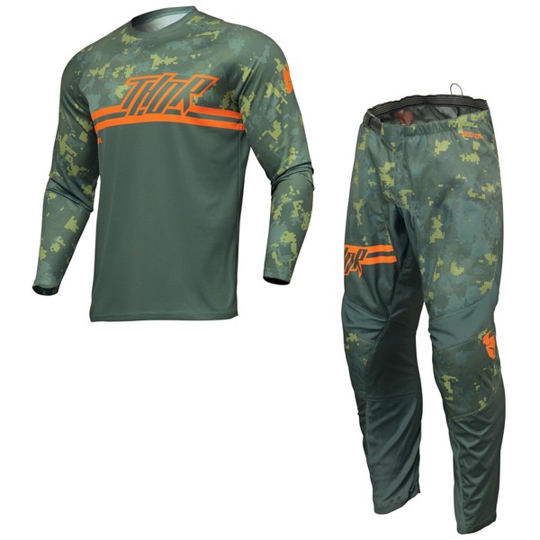 2024 Thor MX Sector Digi Adults Motocross Suit Camo Green Off Road Motorcycle Jersey Trouser MTB Quad Dirt Bike ATV Enduro BMX Top and Pants (TOP (M),36 inches)
