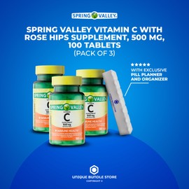 Spring Valley, Vitamin C 500MG, Vitamin C with Rose HIPS, Supplement, 100 Tablets + 7 Day Pill Organizer Included (Pack of 3)