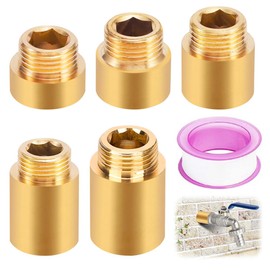 5 Piece Tap Extension 1/2 Inch, 1/2 Inch Extension x 10 mm/15 mm/20 mm/25 mm/30 mm, Brass Tap Extension, Thread Extension Extension Fitting for Taps Angle Valves