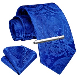 Enlision Mens Royal Blue Paisley Tie and Pocket Square with Tie Clip Set Business Formal Wedding Ties for Men Necktie & Handkerchief & Tie Pin Sets,Royal Blue